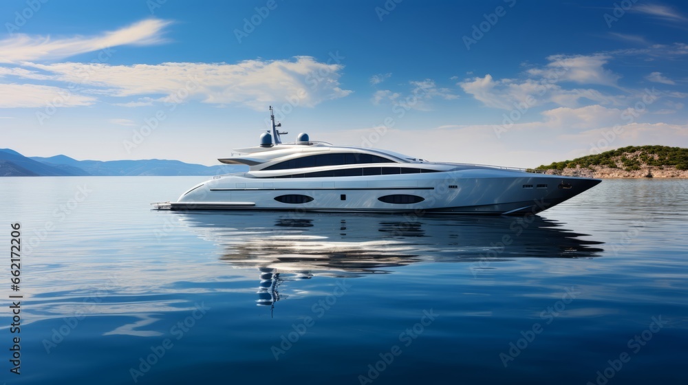 A sleek, luxury yacht sailing on a calm sea A sleek, luxury yacht sailing on a calm sea