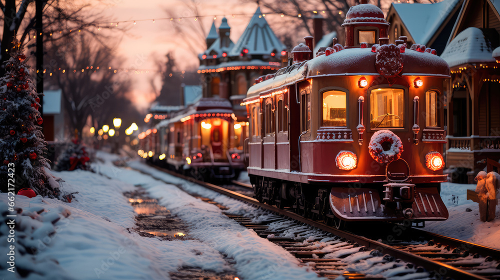 Obraz premium An illustration depicting a gingerbread train traveling on snow-covered rails through a village decorated in a festive theme. Generative AI