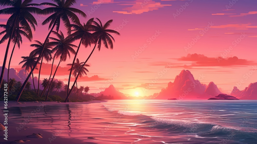 A tropical beach sunset pink background with tranquil vibes