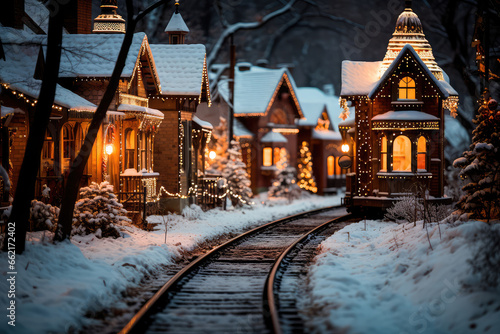An illustration depicting a gingerbread train traveling on snow-covered rails through a village decorated in a festive theme. Generative AI © keks20034