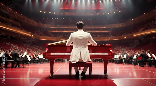 Man in white suit playing red piano in huge concert hall, musical background concept 