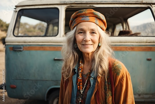 Portrait of elderly hippie woman grey hair beside vintage van, hippie lifestyle concept, background  © Hq Visual Studio