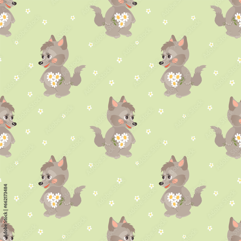 Seamless pattern, cute cartoon wolf cub with a bouquet of flowers. Children's print, background, textile. Vector