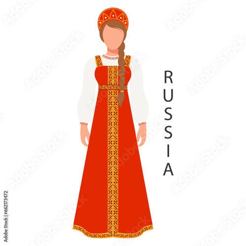 Woman in Russian national traditional costume. Culture and traditions of Russia. Illustration, vector