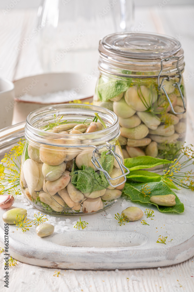 Homemade pickled broad bean made of fresh vegetables. Homemade pickled broad bean made of fresh vegetables.