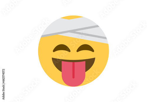 a smiling person with bandages around their head and tongue, sticking out of the side