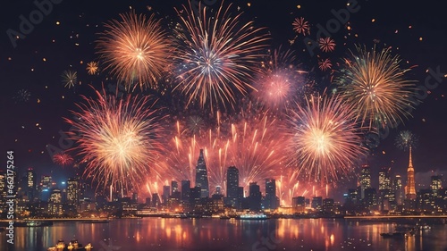 a city skyline with fireworks in the sky