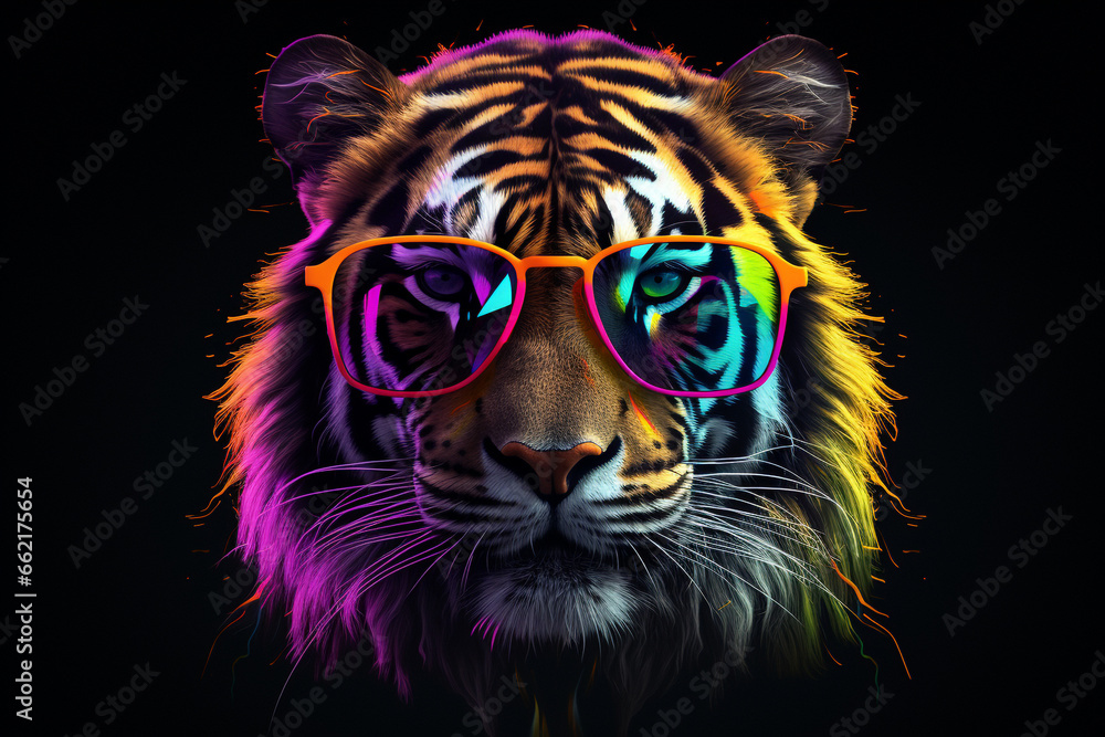 cute tiger wearing glasses combination of neon lights, black background , 3d rendering, AI generative cute tiger wearing glasses combination of neon lights, black background , 3d rendering, AI generative