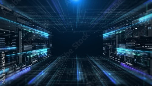 Wallpaper Mural HUD interface digital panel technology areal fly through view 4K motion screen concept. Torontodigital.ca