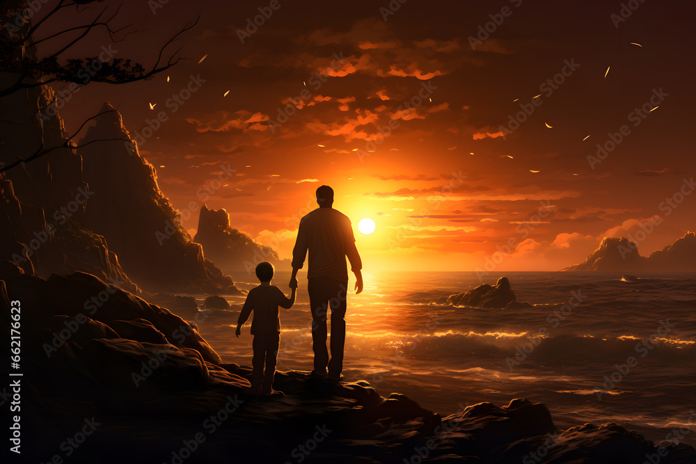 Silhouette of a man with a child walking on the beach at sunset