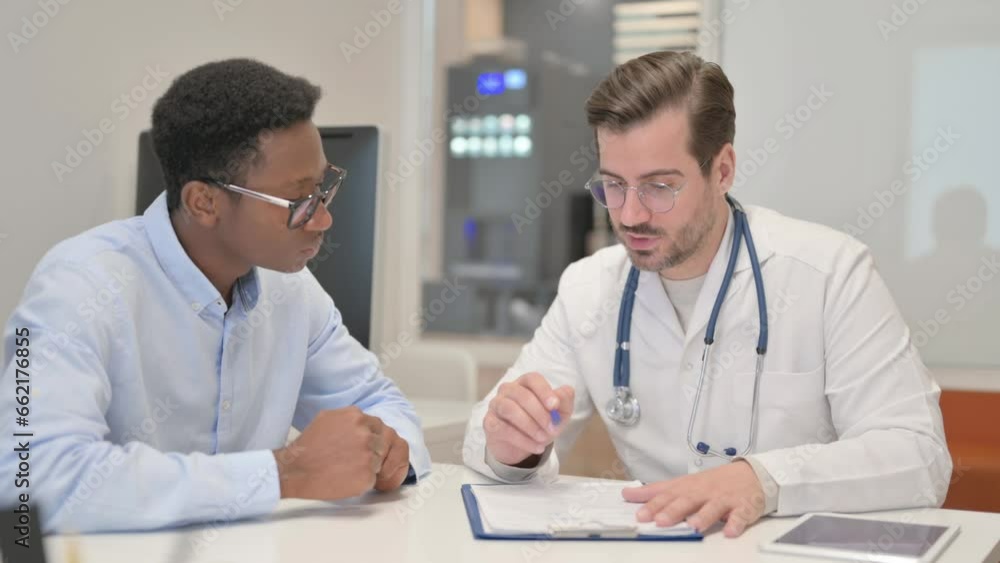 Doctor Discussing Medical Report with Patient in Clinic Doctor Discussing Medical Report with Patient in Clinic