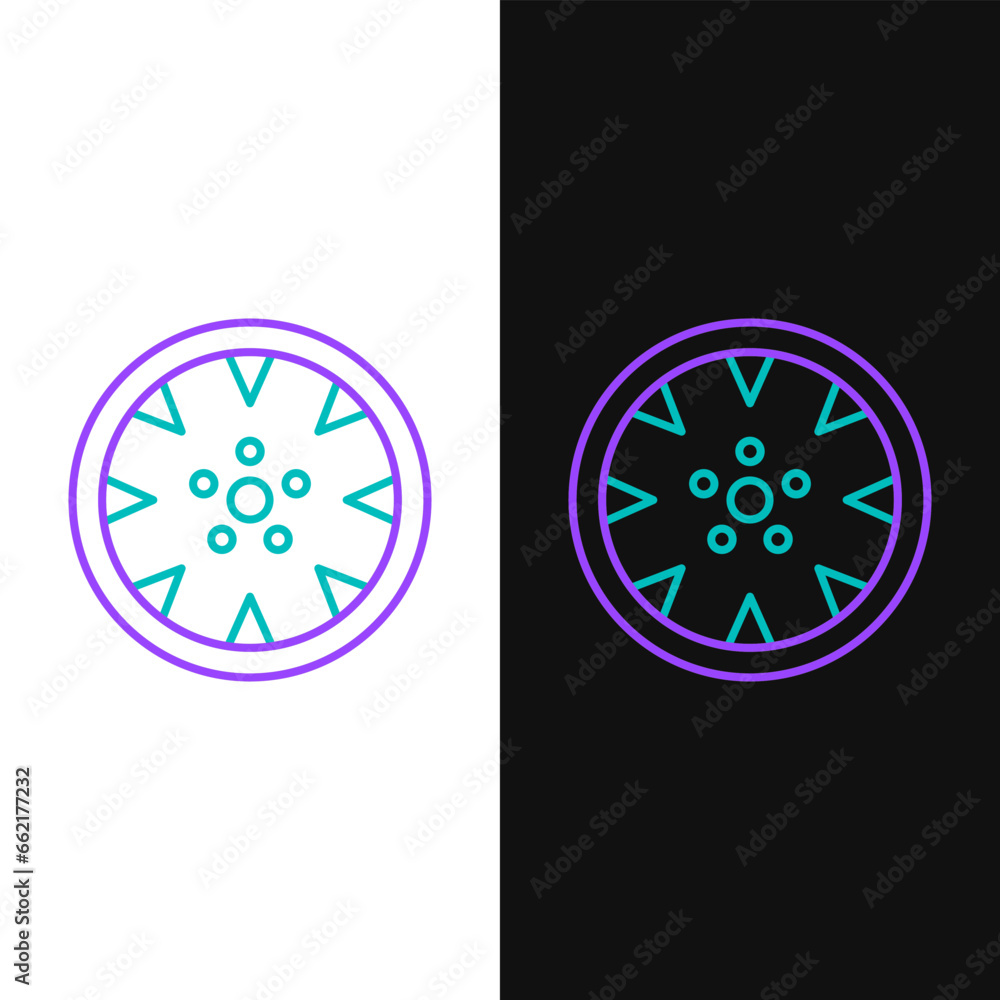 Line Alloy wheel for a car icon isolated on white and black background. Colorful outline concept. Vector Line Alloy wheel for a car icon isolated on white and black background. Colorful outline concept. Vector