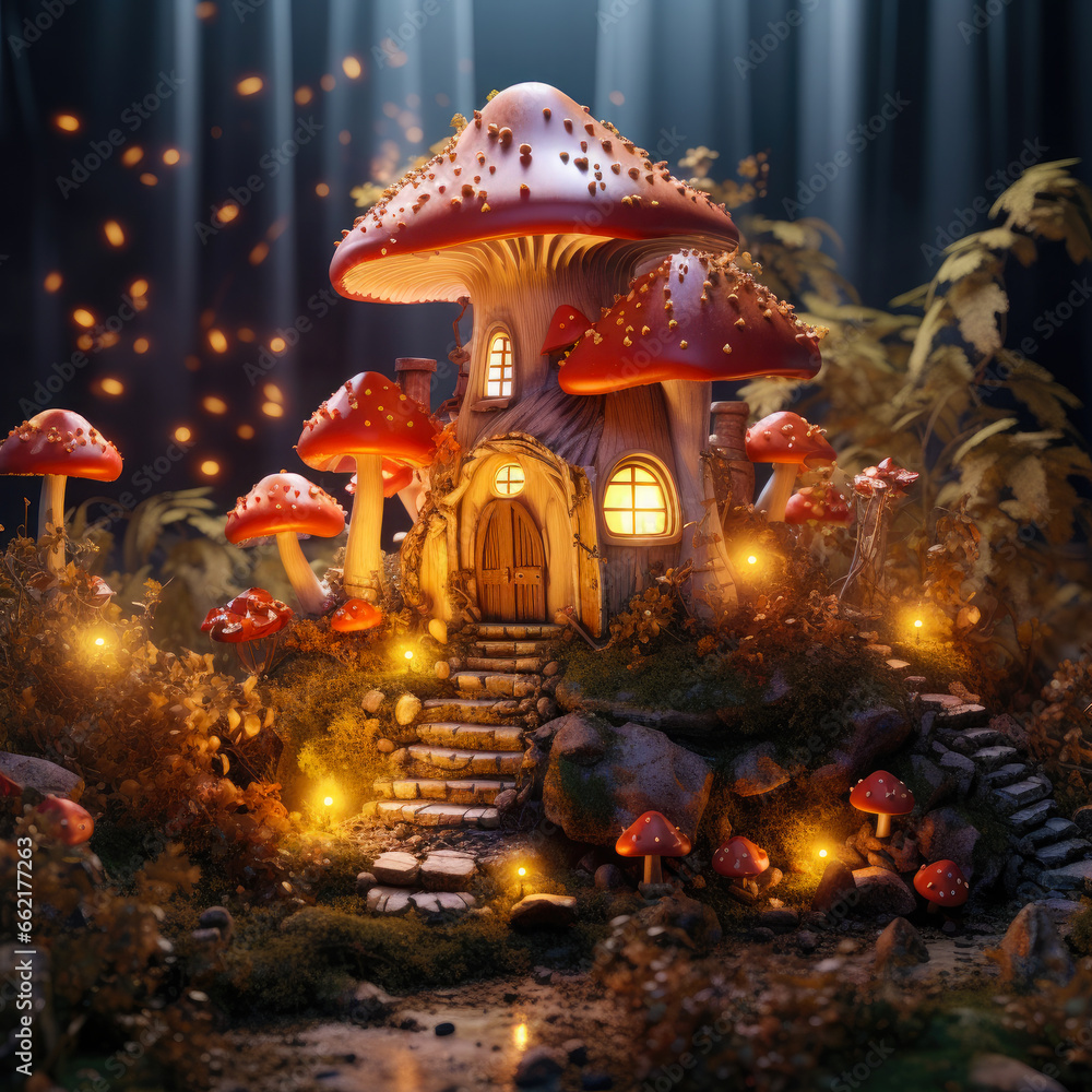 Miniature fairy house in amanita muscaria mushroom. Fairy tale mushroom house in the middle of a magical forest Miniature fairy house in amanita muscaria mushroom. Fairy tale mushroom house in the middle of a magical forest