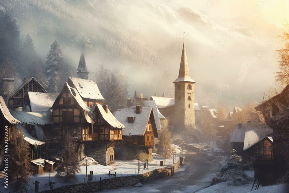 Winter view of a medieval village with stone and wooden buildings, a church tower, snow, fog, and mountains. Generative AI