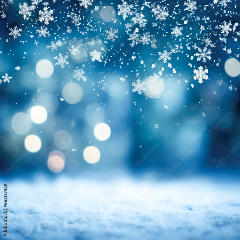 White snow and snowflakes, captured in bokeh, set against a serene blue background