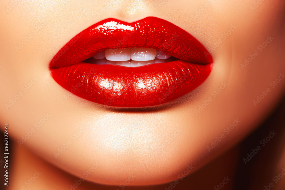 Passionate red lips close up. Beautiful perfect makeup - cosmetic beauty procedures. Sexy woman red lips - obrazy, fototapety, plakaty 
