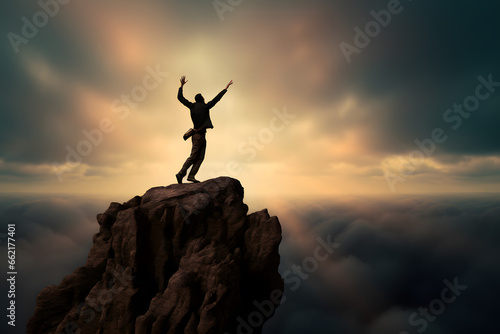 silhouette of person jumping on top of a mountain cliff symbolizing success © fraudiana