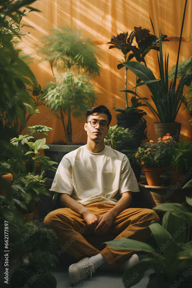 Hipster sitting in the middle of plants Hipster sitting in the middle of plants