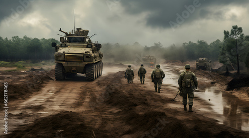 Soldiers walking to a vehicle in war in mud