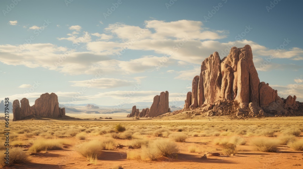 A desert landscape with towering rock formations A desert landscape with towering rock formations