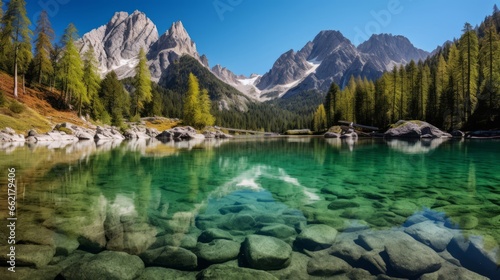 A crystal-clear alpine lake reflecting surrounding peaks