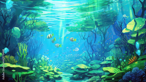 Underwater scene with fishes and corals. Vector illustration