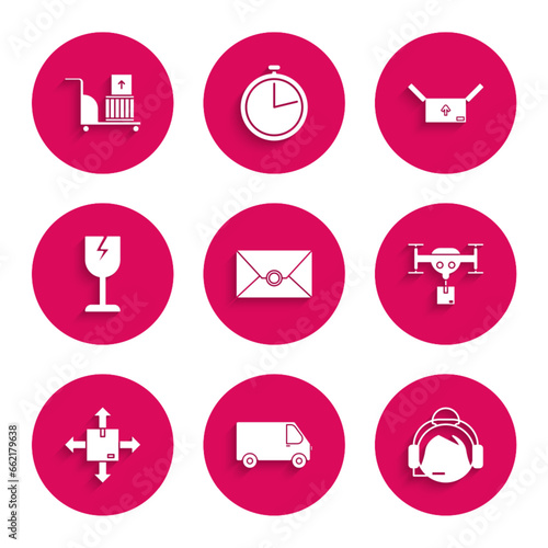 Set Envelope, Delivery cargo truck vehicle, Support operator in touch, drone with the package, Cardboard box traffic symbol, Fragile broken glass, and Electric hand and boxes icon. Vector