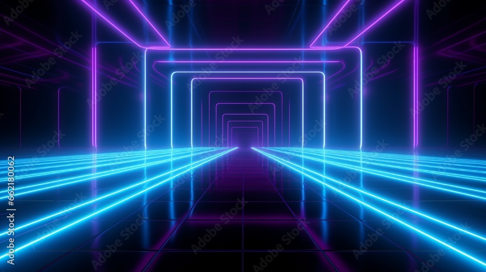 Abstract background purple and blue neon glowing lights in empty dark room with reflection Abstract background purple and blue neon glowing lights in empty dark room with reflection