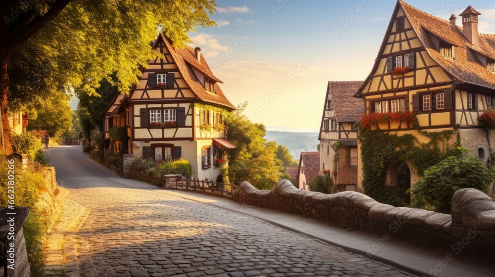 A road through a charming European village at sunrise