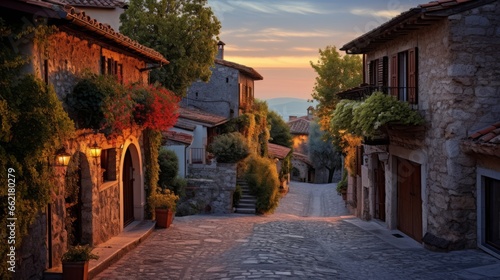 A road through a charming European village at dusk