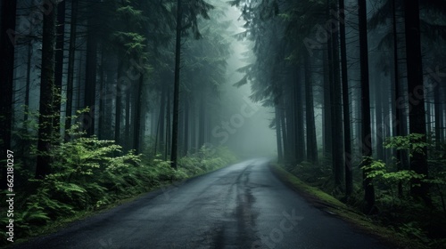 A road through a mystical, mist-shrouded forest