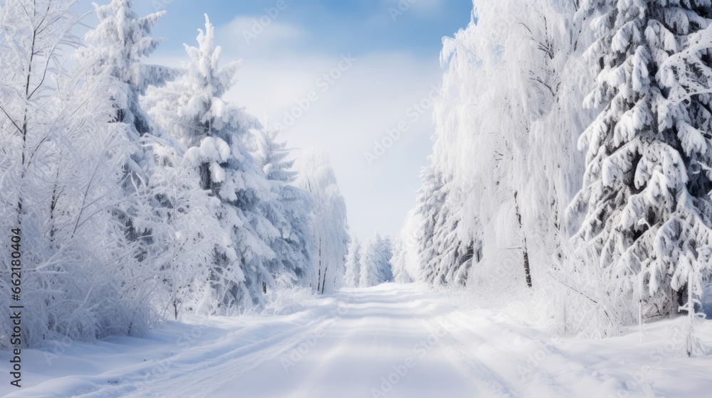A road through a winter wonderland with snow-covered trees A road through a winter wonderland with snow-covered trees