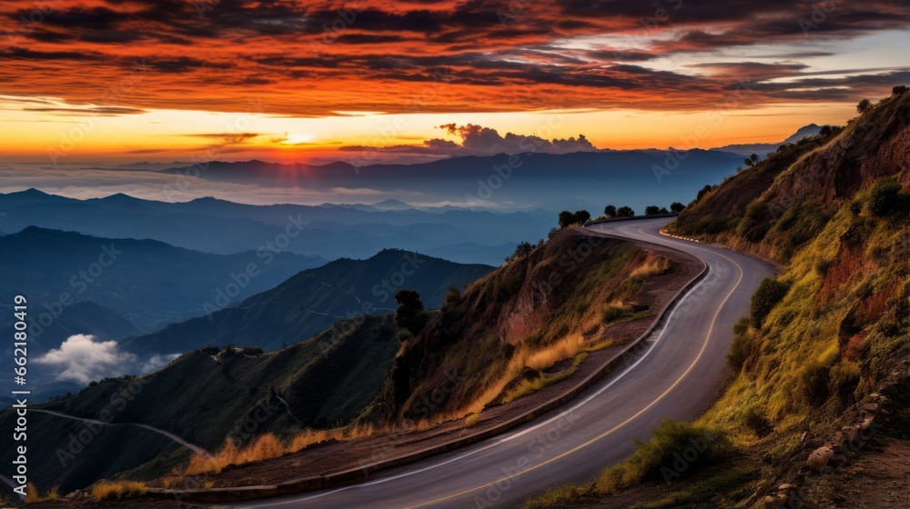 A road with a stunning sunset over the mountains