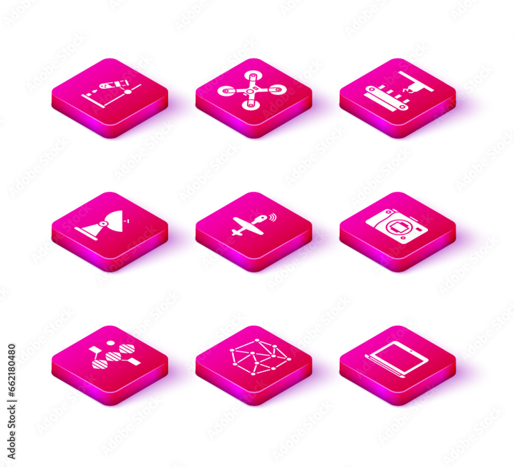 Set DNA symbol, Neural network, Radar, UAV Drone, Laptop, Mirrorless camera, Factory conveyor system belt and flying icon. Vector Set DNA symbol, Neural network, Radar, UAV Drone, Laptop, Mirrorless camera, Factory conveyor system belt and flying icon. Vector