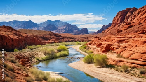 A rugged, red rock canyon with a winding river photo