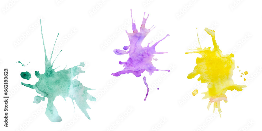 Φωτογραφία Watercolor hand drawn illustration, painting purple violet, green, yellow color splash stain splatter