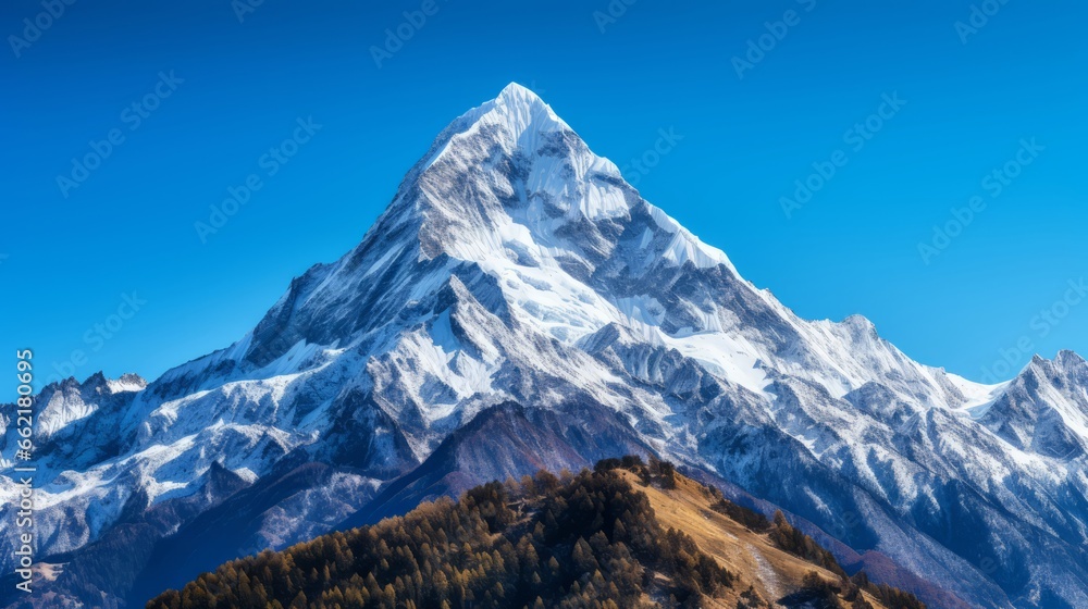 A snow-capped mountain peak against a clear sky A snow-capped mountain peak against a clear sky