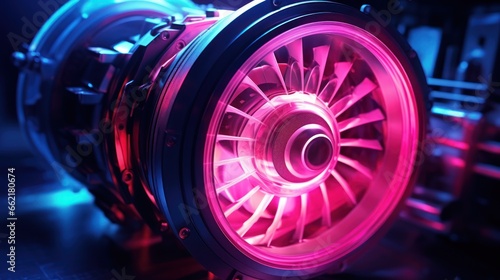 Futuristic cyberpunk glowing turbine turbo fan and engine the jet plane