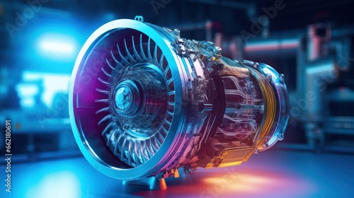 Futuristic cyberpunk glowing turbine turbo fan and engine the jet plane photo