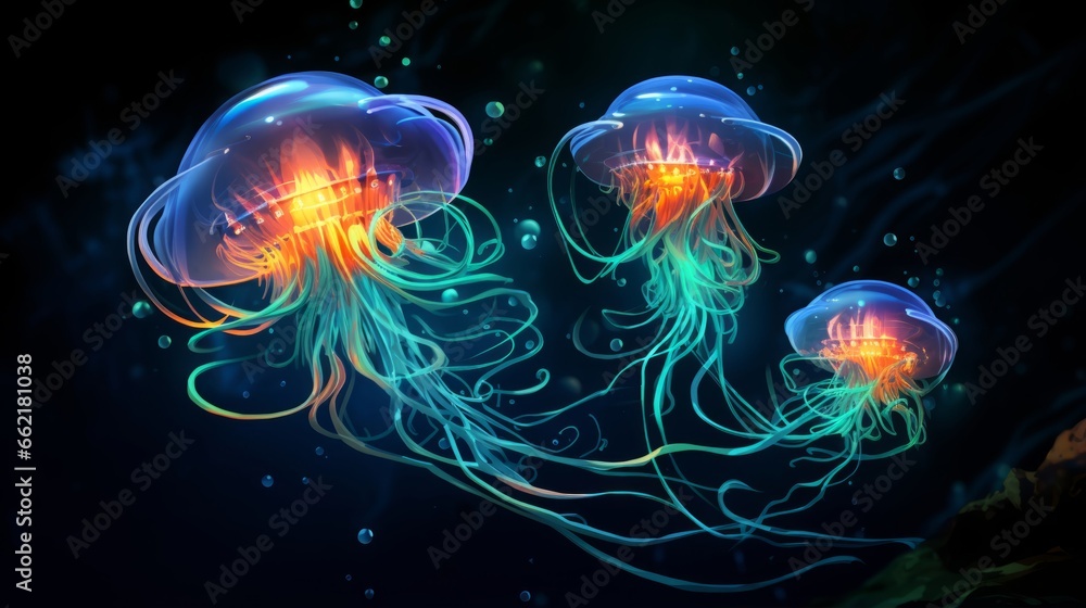 Glowing bioluminescent creatures in the ocean depths Glowing bioluminescent creatures in the ocean depths