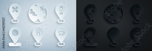 Set Location, Alcohol or beer bar location, with coffee cup, the globe and cross mark icon. Vector