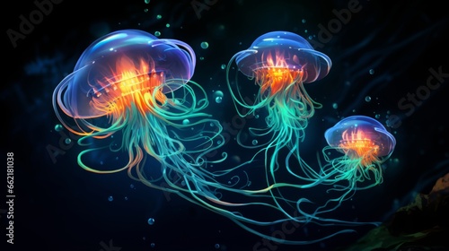 Glowing bioluminescent creatures in the ocean depths © Cloudyew