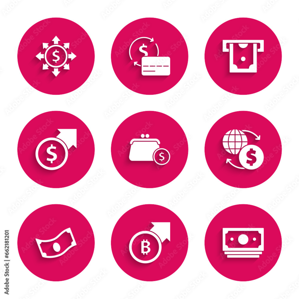 Set Wallet with coins, Financial growth and bitcoin, Stacks paper money cash, Money exchange, dollar, ATM and Dollar, share, network icon. Vector Set Wallet with coins, Financial growth and bitcoin, Stacks paper money cash, Money exchange, dollar, ATM and Dollar, share, network icon. Vector