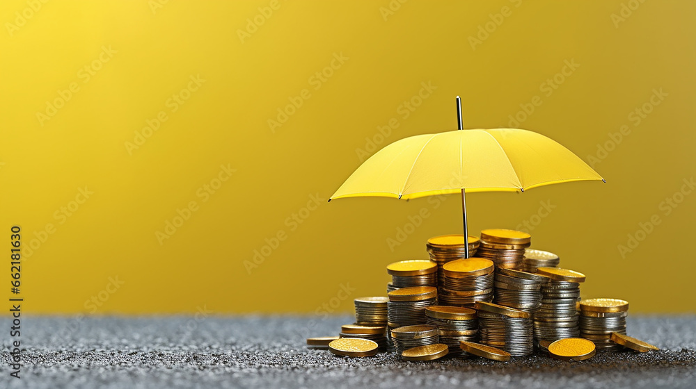 An umbrella and coins symbolize insurance, like a shield against unexpected expenses, keeping your finances safe and dry when life rains down challenges. - obrazy, fototapety, plakaty 