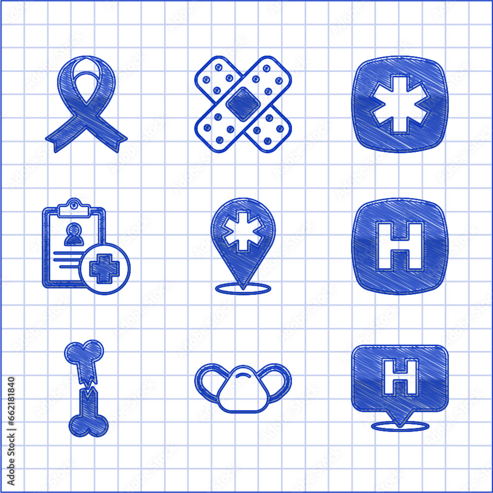 Set Location hospital, Medical protective mask, Hospital signboard, Human broken bone, Patient record, Emergency - Star of Life and Awareness ribbon icon. Vector Set Location hospital, Medical protective mask, Hospital signboard, Human broken bone, Patient record, Emergency - Star of Life and Awareness ribbon icon. Vector