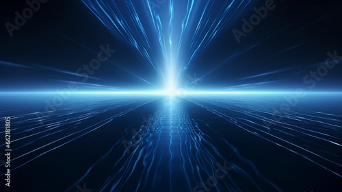 Abstract dark futuristic background blue neon light rays reflect off the water