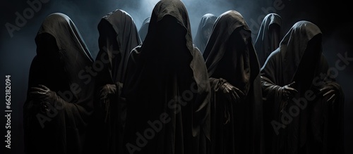 Nine mysterious figures in hooded cloaks in darkness With copyspace for text photo