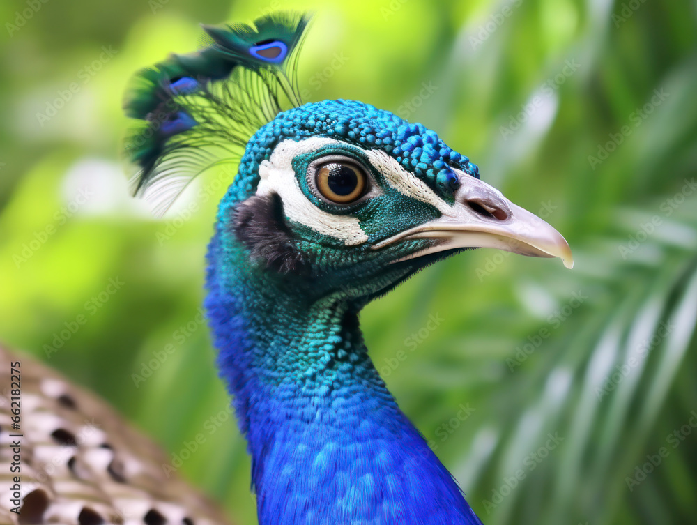 Kopf eines schönen blauen Pfaues im Freien, Pavo cristatus, Generative AI Kopf eines schönen blauen Pfaues im Freien, Pavo cristatus, Generative AI