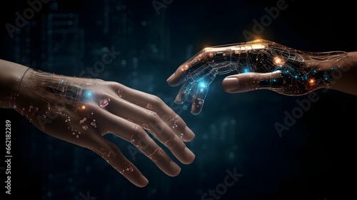 hands of the person, Hands of Robot and Human Touching together through computer monitor screen in dark background. Virtual Reality Augmen