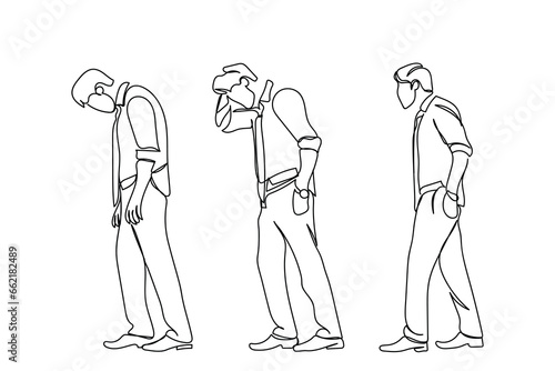 Frustrated and confused entrepreneur. Sad person. Difficult decisions and hopeless circumstances. Strong minded young man struggling with ideas and opportunities. Continuous line art vector graphic.